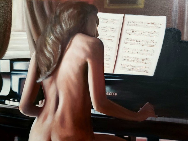 Pianist girl 24x32 Original oil painting Canvas art Shot from advertisement actress Gal Gadot image 6