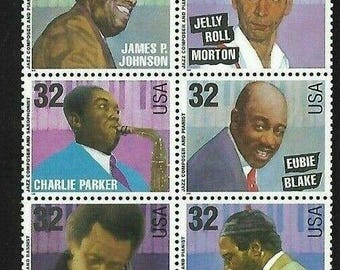 Painel de 10 selos postais de 32 centavos de músicos de jazz de 1995 - MNH, OG - Sc#2982-2992-DS181