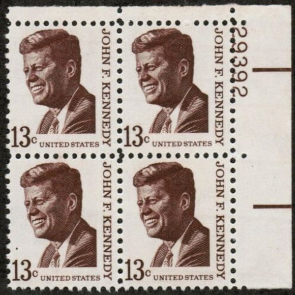 1965 John F Kennedy Plate Block Of 4 13c Postage Stamps, Sc# 1287, MNH, OG