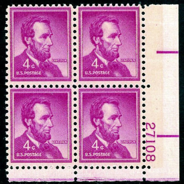 1954-68 Abraham Lincoln Plate Block of 4 4c Stamps, Sc# 1036, MNH, OG