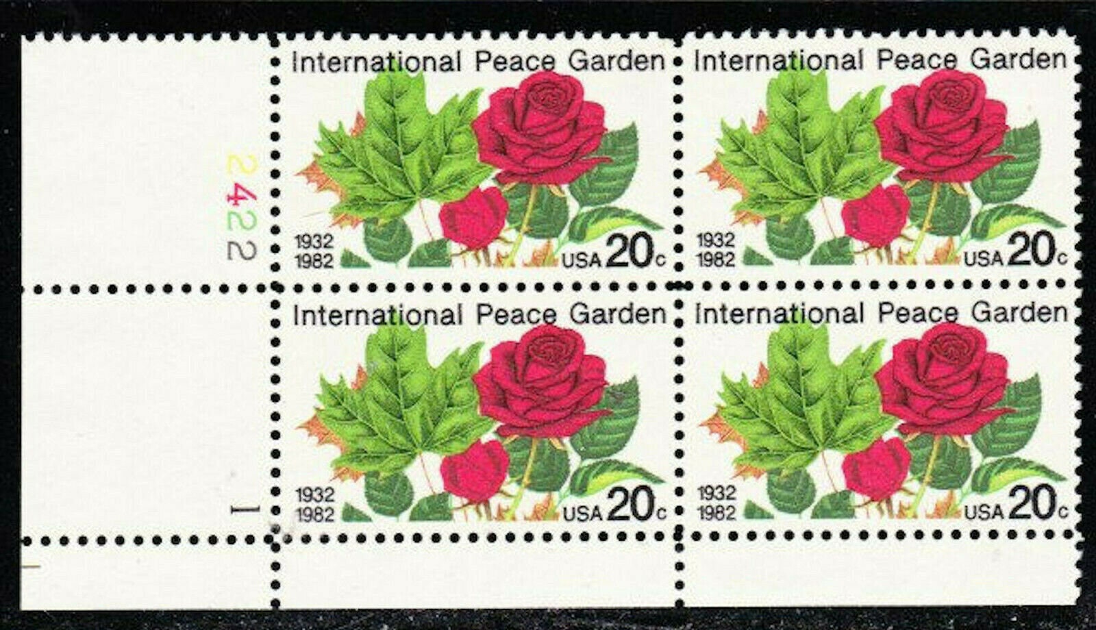1982 International Peace Garden Plate Block of Four 20-Cent United States Postage  Stamps