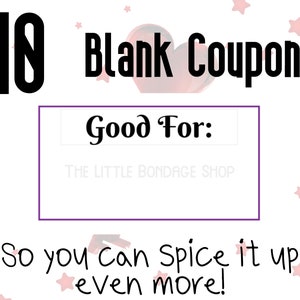 Op de afbeelding: Een witte kaart met een roze hart en de tekst "10 Blanko Coupons Goed voor: THE LITTLE BONDAGE SHOP Dus je kunt het nog meer oppeppen!"