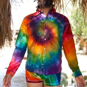 Men’s Tie Dye Long Sleeve Button-Down Shirt – Casual Hippie Dress Shirt – Sizes S-XL