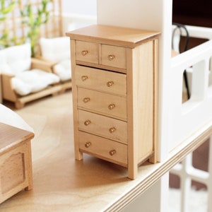 Tall Wood Dresser Drawers Gold Knobs Bedroom Nursery Living Room | Macy Mae 1:12 Scale Miniature Dollhouse Accessories & Dollhouse Furniture