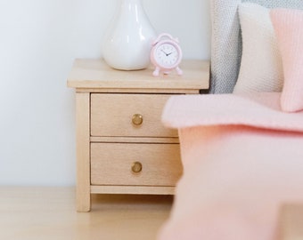 Bed Side Table with Drawers Nightstand | Natural Wood & Gold Knobs | Bedroom Macy Mae 1:12 Scale Miniature Dollhouse Accessories Furniture