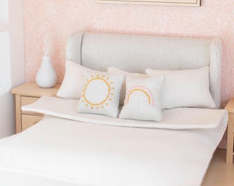 Upholstered Double Queen Bed | Off-White Grey | Primary Bedroom Mattress | Macy Mae 1:12 Scale Miniature Dollhouse Accessories & Furniture