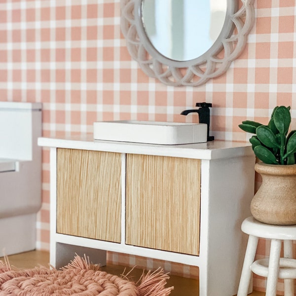 Bryn Modern Vessel Sink Vanity | Natural Wood White Bathroom Macy Mae 1:12 Scale Miniature Dollhouse Accessories & Dollhouse Furniture