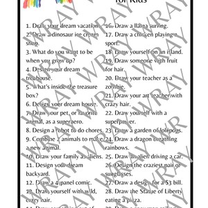 May include: A black and white print featuring a rainbow and the text "30 Days of Easy Art Prompts for Kids." The prompts include drawing a dream vacation, a dinosaur ice cream shop, and a space cat.