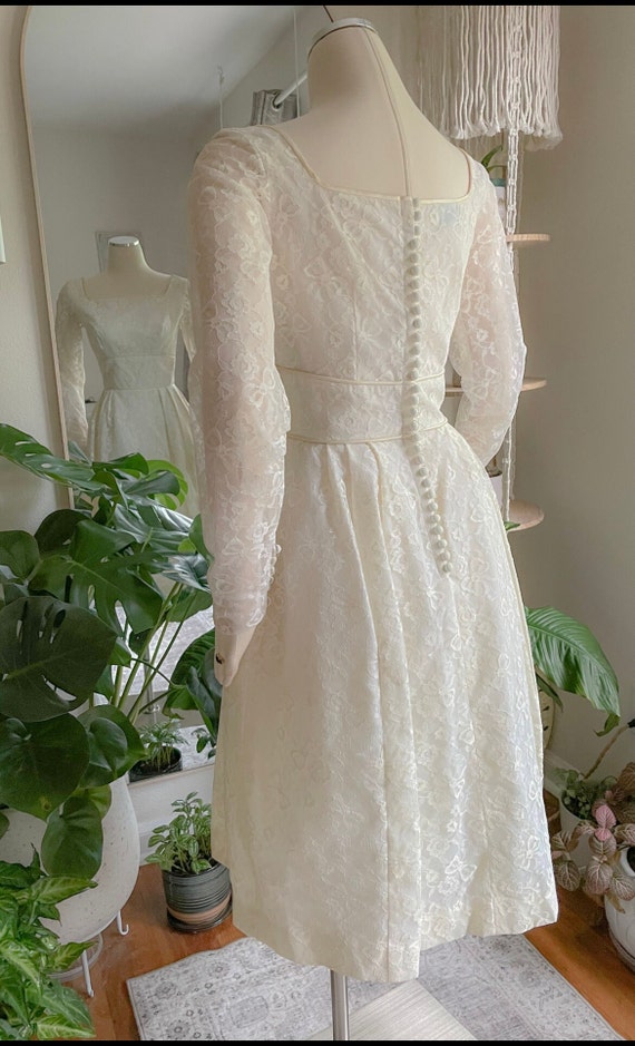 V neck Long Sleeve Tea Length Lace Vintage inspired 1950s Wedding Dress