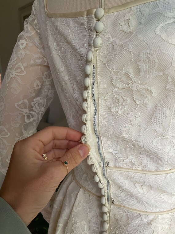 V neck Long Sleeve Tea Length Lace Vintage inspired 1950s Wedding Dress