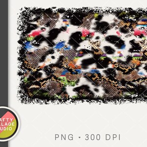 Könnte beinhalten: Abstrakter digitaler Kunstdruck mit einem schwarz-weißen Schlangenhautmuster, mit einem abgenutzten schwarzen Rand und bunten Akzenten.