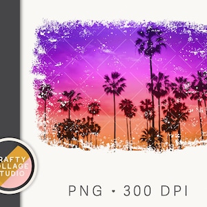 May include: Silhouette of palm trees against a sunset sky with a grunge effect. The sky is a gradient of orange, pink, and purple.