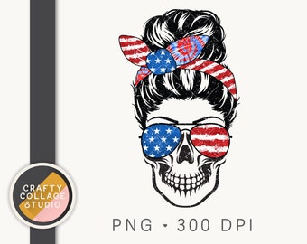 American Flag Skull Bandana PNG, Tie Dye Red White Blue Messy Bun Skull Sublimation Design Download, Png for Sublimation, 4th of July Mom