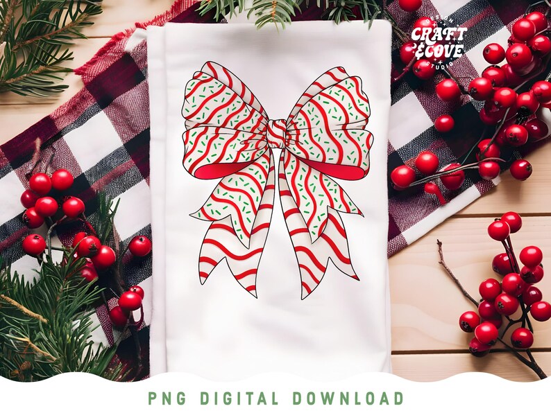 May include: A white towel featuring a large, festive bow design. The bow has red outlines and is decorated with red and green stripes and sprinkles. The towel is surrounded by red berries and greenery, with the text "PNG DIGITAL DOWNLOAD" at the bottom.