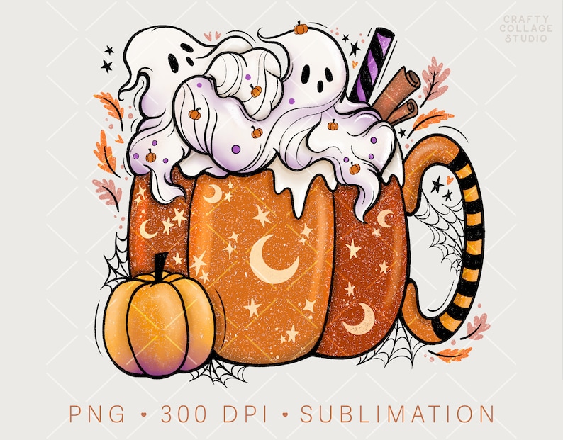 Pumpkin Spice PNG Ghost Clipart for Fall, Orange Coffee Latte Mug Design, Halloween Sublimation Print File Printable, Boho Cozy Autumn image 1