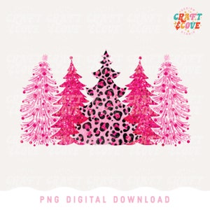 Pink Christmas Trees Sublimation PNG Printable Digital Download, Pink Glitter Leopard Print Christmas Trees Sublimation PNG