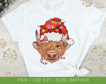 Christmas PNG Santa Cow Sublimation Design, Highland Cow png Print File, Country Farm Holiday png for Sublimation, Christmas Lights png