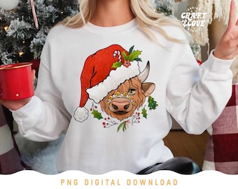 Christmas Cow PNG Santa Highland Cow Sublimation, Santa Hat Heifer, Furry Cow Jingle Bell Png, Farm Christmas, Rustic Southern Christmas Png