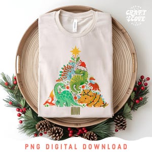 Dinosaurier Weihnachtsbaum PNG Sublimationsdesign, Kinder Weihnachten Shirt Designs, T-Rex Sublimation PNG Download, niedliche Weihnachtsdinosaurier png