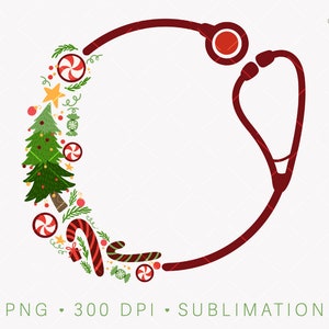 Christmas Stethoscope PNG Nurse Sublimation Design Download, Christmas Tree Peppermint Stethoscope Monogram Frame, Doctor png, Vet Tech png