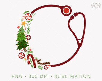 Christmas Stethoscope PNG Nurse Sublimation Design Descargar, Christmas Tree Peppermint Stethoscope Monogram Frame, Doctor png, Vet Tech png