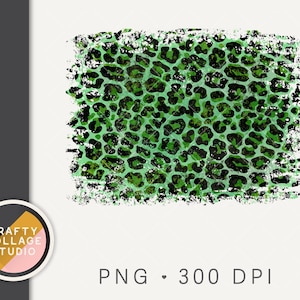 May include: A digital design featuring a green and black leopard print pattern. The design has a distressed, textured look with a white border. The text "PNG • 300 DPI" is displayed below the design.