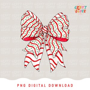 May include: A festive bow illustration with red and white stripes and green sprinkles. The bow has a classic shape with multiple loops and tails, perfect for holiday-themed crafts or designs. The text "PNG DIGITAL DOWNLOAD" is at the bottom.