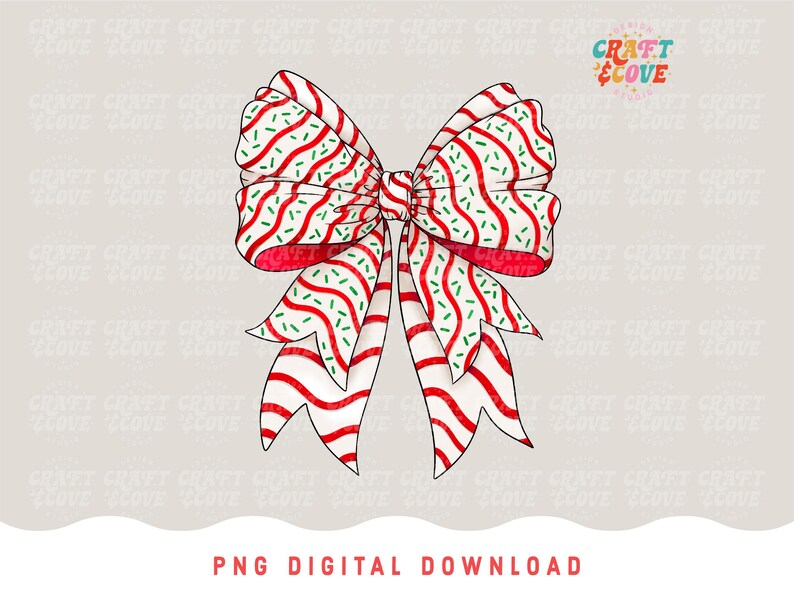 May include: A festive bow illustration with red and white stripes and green sprinkles. The bow has a classic shape with multiple loops and tails, perfect for holiday-themed crafts or designs. The text "PNG DIGITAL DOWNLOAD" is at the bottom.