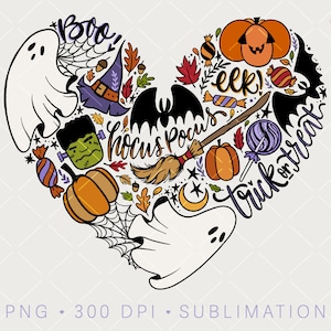 Halloween Doodle Heart PNG Clipart for Fall, Spooky Sublimation Print File Design, Orange Pumpkins, Boo Ghost png, Hand Drawn Trick or Treat