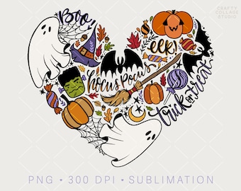 May include: A heart-shaped design featuring various Halloween-themed illustrations, including ghosts, bats, pumpkins, candy, a witch's hat, a broom, and the text "Boo! Hocus Pocus Trick or Treat! Eek!"