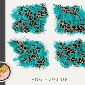 Peut inclure: Quatre motifs de papier numérique avec un imprimé léopard bleu sarcelle et brun, aspect vieilli et texturé. PNG, 300 DPI.