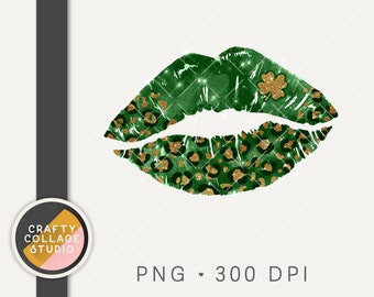 St Patricks Day Lips PNG for Sublimation Print File Design, Shamrock Glitter Kiss, Leopard Print, DTG Design Digital Download Commercial Use