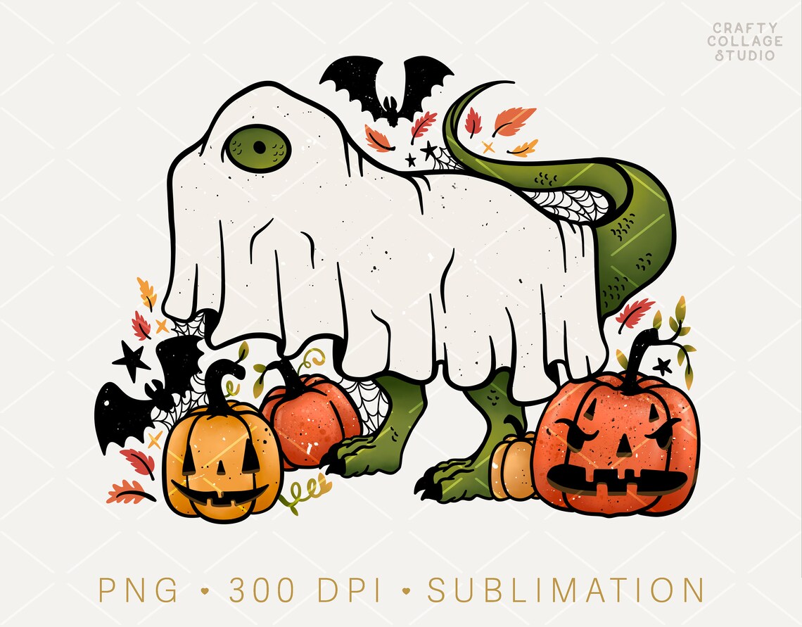 Dinosaur Halloween PNG for Sublimation, T Rex With Pumpkins, Ghost ...