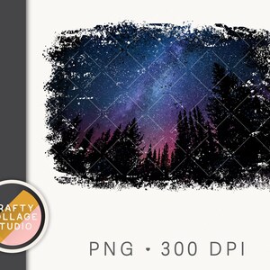 May include: Digital art print featuring a starry night sky over a silhouetted forest. The image has a dark blue, purple, and pink color palette, with a textured, distressed border. The text "PNG • 300 DPI" is visible.