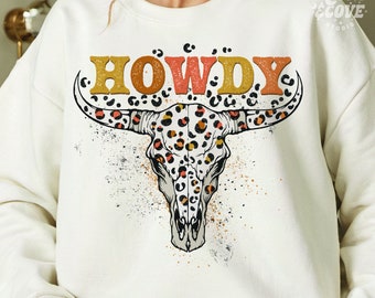 Howdy PNG Western Sublimation Digital Download, Png for Shirts, Cowgirl Sweatshirt, Distressed Country Mama Png, Leopard Print, Cow Skull