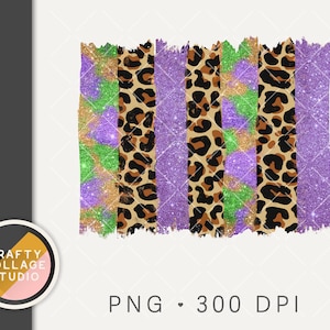 May include: Digital clipart featuring a set of five vertical stripes in a leopard print, purple glitter, and green and purple glitter. The stripes are distressed and have a paint-splattered effect.