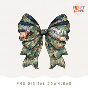 Hunting Deer Camo Coquette Bow PNG Sublimation File, Watercolor Wilderness Deer Bow, Deer Season Png for Women, Hiking Bow, Camo Bow Png