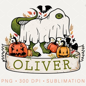 T-Rex Halloween Dinosaur PNG Sublimation Print File for Boys, Add your own Text Halloween Design, Orange Pumpkins, Kids halloween shirt png