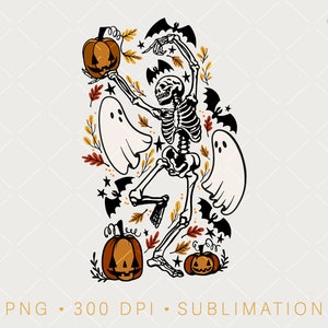 Dancing Skeleton PNG Print File, Spooky Fall Sublimation Design, Ghost PNG Halloween Skeleton Print File, Digital Download, Clipart for Fall
