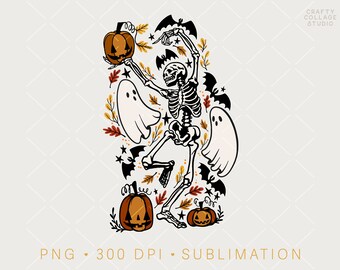Dancing Skeleton PNG Print File, Spooky Fall Sublimation Design, Ghost PNG Halloween Skeleton Print File, Digital Download, Clipart for Fall