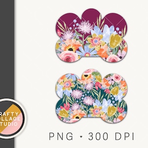 Floral Dog Tag PNG for Sublimation and DTG Printing, Flower Dog Bone Tag PNG, Girl Dog Tag Template Add Your Own Text #4738, Garden Spring