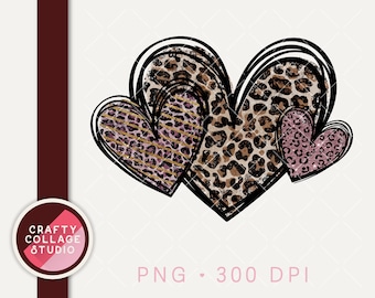 Leopard Print Hearts PNG voor sublimatie of print, Distressed Valentine Hearts Sublimation Design, Dtg Printable, Roze Glitter, Hand getekend