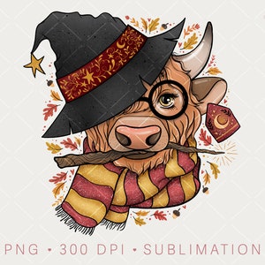 Highland Cow PNG Clipart for Fall, Wizard School Longhorn Cow Sublimation Design for Halloween, Magic Boho Autumn, Digital Download