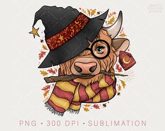 Highland Cow PNG Clipart for Fall, Wizard School Longhorn Cow Sublimation Design for Halloween, Magic Boho Autumn, Digital Download
