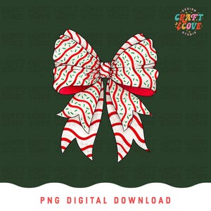 May include: A festive bow design with a white base, red stripes, and green sprinkles. The bow has a red center and is set against a dark green background. The text "PNG DIGITAL DOWNLOAD" is at the bottom.