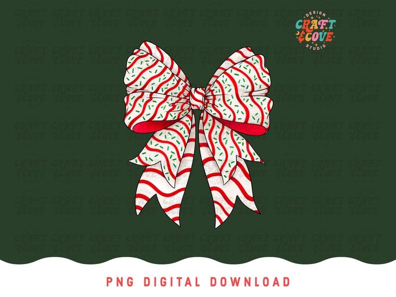 May include: A festive bow design with a white base, red stripes, and green sprinkles. The bow has a red center and is set against a dark green background. The text "PNG DIGITAL DOWNLOAD" is at the bottom.