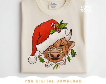 Christmas Cow PNG, Longhaired Cow Png, Santa Cow Sublimation File, Christmas Shirt PNG Design, Cow Lover Png, Western Christmas Gift Png