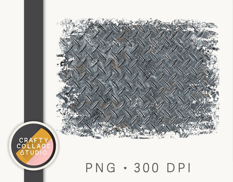 May include: A digital design featuring a distressed, diamond-plate metal texture in shades of grey and silver. The design has a rough, textured border and includes the text "PNG &bull; 300 DPI". A logo for Crafty Collage Studio is also present.