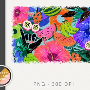 May include: A digital illustration of a tropical scene with a hand making the shaka sign, surrounded by colorful flowers, fruits, and leaves. The background is a light blue with a grunge texture.