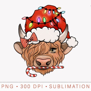 Boże Narodzenie PNG Mikołaj Krowa Sublimacja Projekt, Highland Krowa png Plik do druku, Country Farm Holiday png do sublimacji, Światła świąteczne png